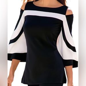 Linea Domani Fashion- Black & White Colorblock Bell Sleeve Cold Shoulder Top